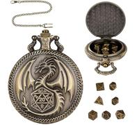 Lot de Mini Dés DND, 7 Dés Polyédriques,Montre de Poche Steampunk avec Motif de Dragon,Cadeaux de DND avec Boîte Cadeau, Accessoires de Jeux de Rôle,pour Voyage Faire la Fête Camping,Bronze