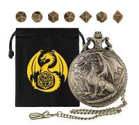 Lot de Mini dés DND avec boîtier de Montre de Poche Steampunk Dragon, 7 dés Polyédriques en Métal, Cadeaux D&D avec Sac Cadeau Logo Dragon, Accessoires de Jeux de Société et Jeu de Rôle, Bronze