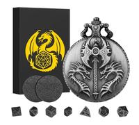Lot de Mini Dés DND avec Coquille de Montre de Poche Dragon à Double Tête (Hache Double Face), 7 Pièces Dés D&D en Métal Polyédrique, DND Cadeau, Accessoires de Jeux de Société de Rôle, Argent Foncé