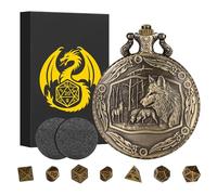 Lot de Mini Dés DND, avec Coquille de Montre de Poche Steampunk Loup, 7 dés Polyédrique en Métal D&D, Cadeaux DND avec Coffret Cadeau, Accessoires de Jeu de Société, Dés Polyèdres et RPG, Bronze