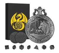 Lot de Mini Dés DND, avec Coquille de Montre de Poche Steampunk Loup, 7 dés Polyédrique en Métal D&D, Cadeaux DND avec Coffret Cadeau, Accessoires de Jeu de Société, Dés Polyèdres et RPG, Argent Foncé