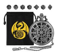 Lot de Mini Dés DND, Boîtier de Montre de Poche Engrenage Creux Steampunk, 7 Dés en Métal Polyédrique D&D, Cadeaux DND avec Logo Dragon Sac Cadeau, RPG, Accessoires de Jeux de Société, Argent Foncé
