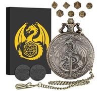 Lot de Mini Dés DND, Dragon Volant Tenant Une Longue Épée Étui de Montre de Poche, 7 Pièces Dés D&D en Métal Polyédrique, Cadeaux D&D avec Boîte Cadeau, Accessoires de Jeux de Société de Rôle, Bronze