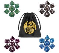 Lot de Mini Dés en Acrylique DND, Set de Dés Polyédriques D&D à Quatre Couleurs, RPG, DND, MTG, D4, D6, D8, 2 D10 (00-90 et 0-9), D12 et D20, Sac Cadeau avec Logo Dragon, Café + Bleu + Vert + Violet