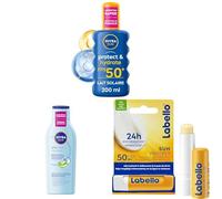 Lot de NIVEA SUN - Spray Protect & Hydrate SPF 50+ (200 ml) + Lait Après Soleil Hydratant 48H (200 ml) + LABELLO Sun Protect FPS 50 (5,5 ml) Stick à Lèvres Protecteur - Lot Protection + Hydratation