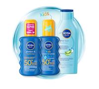 Lot de NIVEA SUN Spray Protect & Hydrate SPF 50+ (200 ml) + Spray Protect & Hydrate Kids Coloré SPF 50+ (200 ml) + Lait Après Soleil Hydratant 48H - Lot Protection UV et Hydratation Ultime
