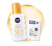 Lot de NIVEA SUN - Spray Solaire Sensitive Protection Immédiate SPF 50+, 200 ml + NIVEA SUN - Stick UV Visage Silky, Écran Solaire Visage, SPF 50+, 15 g