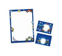 Lot de papier à lettre avec enveloppe - Pour garçons et filles - Motif voiture Monster truck - Bloc A4 avec 25 feuilles + 15 enveloppes