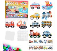 Lot de Perles à Repasser avec 1000 Pièces 10mm Perles Repasser, 10 Couleurs Perles à Repasser avec Panneau Perforé, 10 Motifs de Véhicules et Papier à Repasser, Cadeau Anniversaire pour Enfant