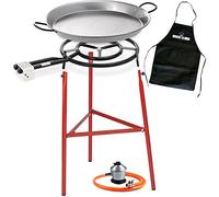 Lot de poêle à paella 500 mm + kit Bricolemar (poêle à paella 60 cm + pieds renforcés pour poêle à paella + régulateur de gaz + tuyau homologué + tablier noir en cadeau)