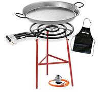 Lot de poêle à paella 600 mm + kit Bricolemar (poêle à paella 70 cm + pieds renforcés pour poêle à paella + régulateur de gaz + tuyau homologué + tablier noir en cadeau)