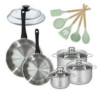 Lot de Poêles 24/28 cm avec couvercles et 3 faitouts 16/20/24 cm Fackelmann Généva avec 5 ustensiles Océan