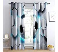 Lot de Rideaux Occultants à Oeillets Isolant Thermique Anti Froid Ballon de Foot Hexagonal animé Imprimés Blanc, Rideaux Salon Chambre pour Enfant Garcon, 110L X 215H cm (2 Panneaux)