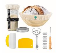 Lot de Rond Banneton pour Pain avec kit de Démarrage au Levain 650ml,Corbeille à Pain+Grattoir en Métal + Grattoir en Plastique + Fouet à Pâte + Lame à Pain,Idéal pour la Pâte à Pain et à la Levure