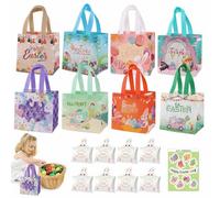 Lot de sacs cadeaux de Pâques Sac Pâques Cadeau - Ensemble de 8 Sacs à Oeufs de Chasse Pâques + 8 Boîtes à Lapin en 3D + Autocollant Fleurs - Idéal pour Fêtes de Pâques et Activités