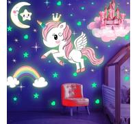 Lot de stickers muraux pour chambre d'enfant Motif licorne phosphorescente avec château lune et arc-en-ciel pour chambre d'enfant, idéal pour cadeau d'anniversaire, pour filles et garçons