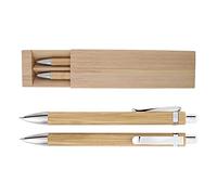 Lot de stylos à bille en bambou et micro-mine dans une boîte en carton avec motif en bambou plaqué - Écologique, en bambou, porte-mines, boîte en carton, ligne 0,7 mm, encre bleue.