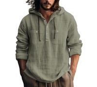 Lot de t-shirts décontractés à capuche pour homme - Manches longues et printemps - Couleur unie - Coton et lin, Vert, XL