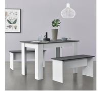[en.casa] Lot de Table et 2 Bancs Design Ensemble de Meubles de Salle à Manger Stylé pour 4 Personnes Panneau de Particules Mélaminé 110 x 70 x 73 cm Blanc Gris