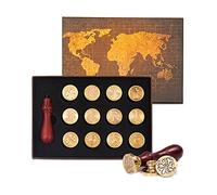 Lot de Tampons de Cire, JasCherry 12 Pièces Plantes Tampon de Sceau de Cire en Laiton avec 1 Poignée en Bois, Sceau Tampon à Cachet Rétro Boîte Cadeau pour Cartes d'invitation, Lettres, Enveloppes