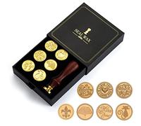 Lot de Tampons de Cire, JasCherry 7 Pièces Tampon de Sceau de Cire en Laiton avec 1 Poignée en Bois, Sceau Tampon à Cachet Rétro Boîte Cadeau pour Cartes d'invitation, Lettres, Enveloppes