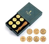 Lot de Tampons de Cire, JasCherry 7 Pièces Tampon de Sceau de Cire en Laiton avec 1 Poignée en Bois, Sceau Tampon à Cachet Rétro Boîte Cadeau pour Cartes d'invitation, Lettres, Enveloppes