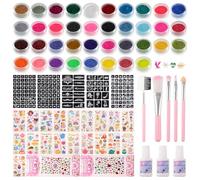 Lot de tatouages à paillettes pour enfants, 30 couleurs de poudre pailletée, 7 sets de modèles, 5 pinceaux, 2 autocollants diamant, 19 feuilles d'autocollants de tatouage, kit de maquillage pour