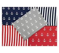 Lot de tissus Fat Quarter - Mélange d'ancres nautiques bleu marine et rouge à rayures - Tissu artisanal