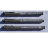 Lot de trois Artline stylos feutres à dessin 0,3 mm, trait de 0,4 mm et 0,5 mm de large
