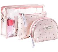 Lot de trois sacs à cosmétiques - Tissu transparent et rose, fermeture à glissière, dimensions 15x25x8 cm, 12.5x18.5x2 cm et 11.5x14x3.5 cm