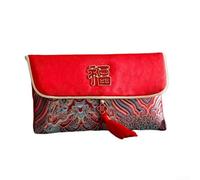 Lot d'enveloppes rouges en tissu avec motifs estampés dorés et pompons, conçues pour une utilisation pour le Nouvel An et les fêtes (C)