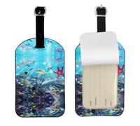 Lot d'étiquettes colorées 3D en cuir avec motif paysage de mer sous l'eau de poissons tropicaux pour bagages, sacs de voyage, étiquettes d'identification pour hommes et femmes