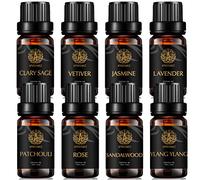 Lot d'huiles essentielles de vétiver pour diffuseur d'aromathérapie, 8 x 10 ml, 100 % pure sauge sclarée pour humidificateur - Jasmin, lavande, patchouli, rose, bois de santal, ylang-ylang