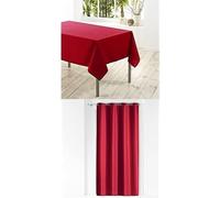 Lot Douceur d'Intérieur : 1 Nappe Rectangle Anti-tâches 140 x 250 cm + 2 Rideaux à oeillets 140 x 260 cm Polyester - Gamme Essentiel, Rouge