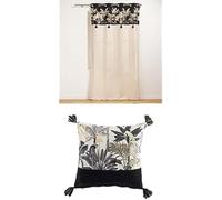 Lot Douceur d'intérieur, 1 Rideau à Oeillets 140 X 240 Cm 100% Coton + 2 Coussins Déhoussables 40 x 40 cm - Gamme Karaba