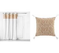 Lot Douceur d'Intérieur, 1 Voilage à Œillets 140 x 240 cm + 2 Coussins Déhoussables 40 X 40 Cm - Gamme Jute Imprimée / Polycoton Uni, Kalinda Blanc
