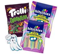 Lot Halloween bonbons gélifiés - 1x Trolli Tarantula 150g & 2x Hitschies Pattes d’araignée 125g - Bonbons acidulés + autocollant fantôme - Idéal pour fêtes d’Halloween et décoration