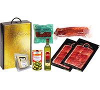 Lot Jambon Ibérique, Rein, Chorizo jabuguitos, Fromage Guéri, les olives et l'huile d'olive extra vierge Hojiblanca D.O.