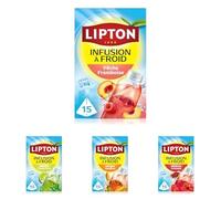 Lot Lipton Infuse à Froid : Pêche Framboise, Citron & Menthe, Mangue Rooibos, Hibiscus Grenade. Infusions à froid 100% ingrédients d’origine naturelle, eau aromatisée pratique, 4x15 sachets pyramid