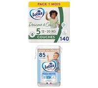Lot Lotus Baby Douceur & Confort - Couches Bébé Taille 5 (12-20 kg) Pack 1 Mois - 140 Couches + Lotus Baby Peau Nette - Cotons bébé - 85 Cotons