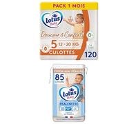 Lot Lotus Baby Douceur & Confort - Couches-culottes Bébé Taille 5 (enfant 12-20 kg) Pack 1 Mois - 120 Culottes + Lotus Baby Peau Nette - Cotons bébé - 85 Cotons