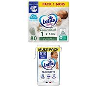 Lot Lotus Baby Douceur Naturelle - Couches Taille 1 (2-5 kg/Nouveau-né) Pack 1 mois - 80 couches + Lotus Baby Peau Nette - Cotons bébé - 510 Cotons