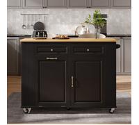 Lot Mobile de Cuisine Noir - Table Extensible Roulettes Compartiment Poubelle Multiprises Porte-Serviettes