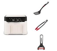 LOT Moulinex Easy Fry Dual 8 litres Ivoire, Jusqu’à 8 personnes, synchronisation EZ901AF0 + 3 ustensiles Tefal - Epluche légumes K2071814 + pince à aliments K2060714 + spatule K20608
