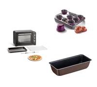 LOT Moulinex Four électrique posable 60 L, chaleur tournante, 7 modes de cuisson, Thermostat réglable jusqu’à 240°C, Optimo noir OX495810 + Tefal Creabake Kit 12 moules muffins + moule à cake 28 cm