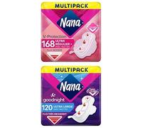 Lot Nana Ultra Régulier Plus Serviettes Hygiéniques Avec Ailettes - Flux Modérés - 168 Unités + Nana Ultra Goodnight Large - Serviettes Hygiéniques Nuit avec Ailettes - Flux Abondant -120 Unités