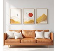 Lot of 3 Impression sur Toile, Asiatique Oriental Affiche Minimaliste Or Blanc Soleil Chaîne De Montagne Oiseau En Vol Tableau Décoration Murale Peintures Maison Decoration Chambre Bureau 50 x 70 cm