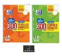 Lot Petits Carreaux 300 Feuilles Simples + 300 Copies Doubles Perforées + 1 Index Adhésif Blumie