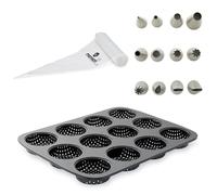 Lot plaque 12 mignardises micro-perforée en acier antiadhérent 29 x 22 cm avec rouleau de 24 poches pâtissières jetables et coffret de 12 douilles inox Mathon