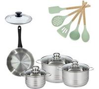 Lot Poêle 20cm avec couvercle et 3 Faitouts 16/20/24cm Fackelmann Généva avec 5 ustensiles de cuisine Océan